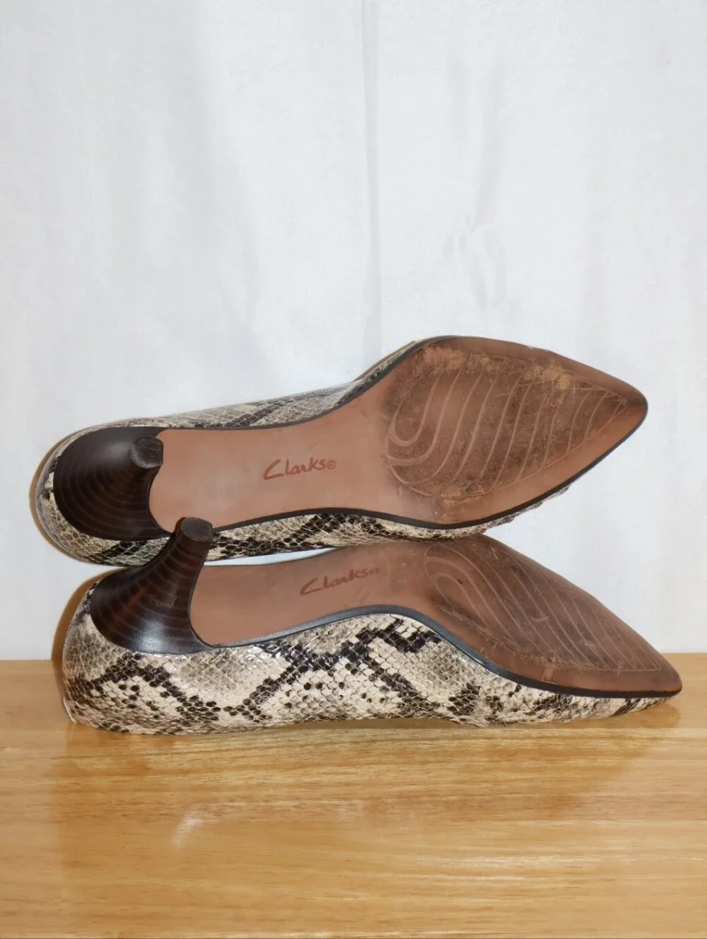 Clarks Linvale Jerica Pumps In Taupe Snake Leather.